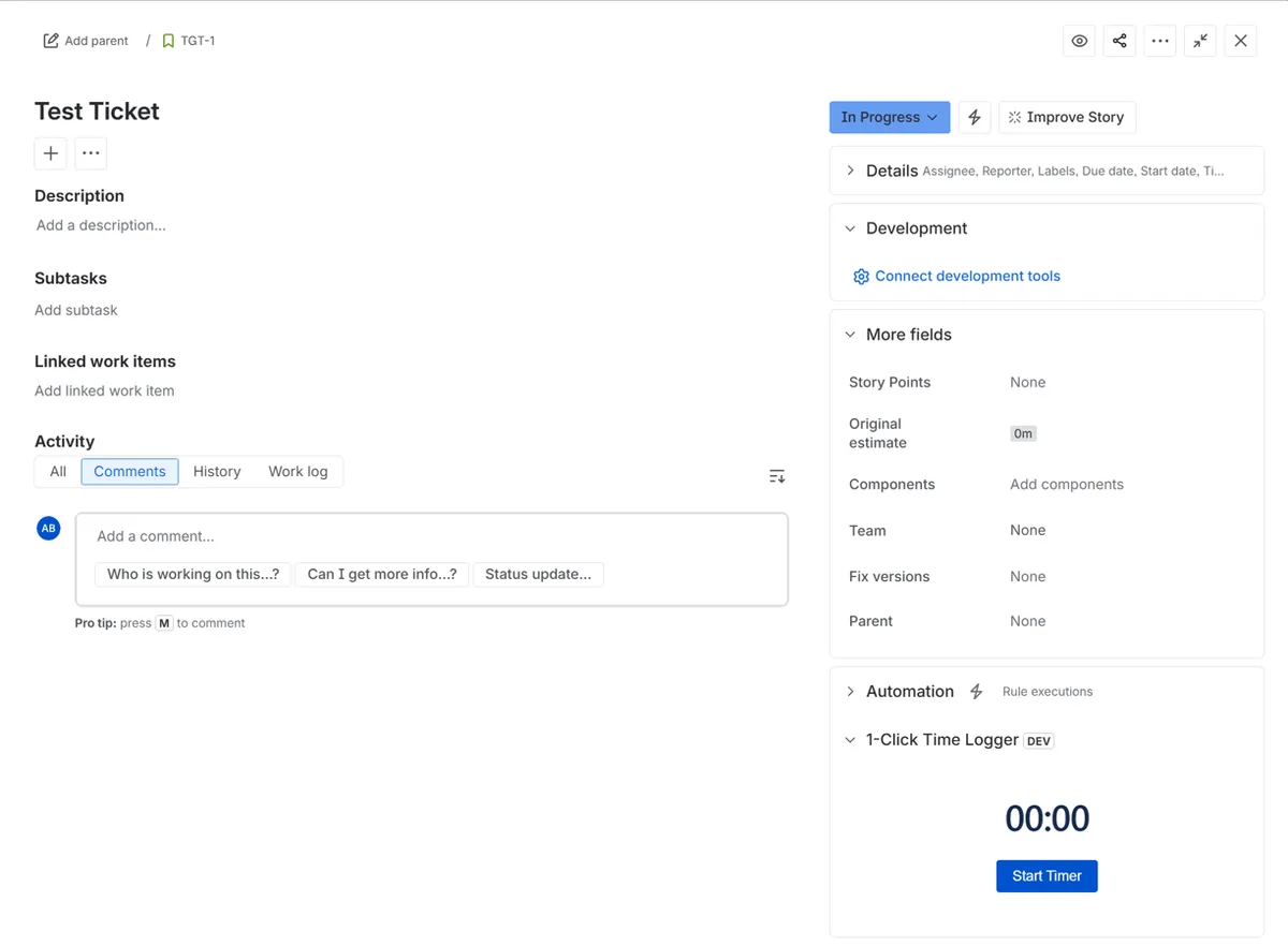 1-Click Time Logger — screenshot from the Atlassian Marketplace listing
