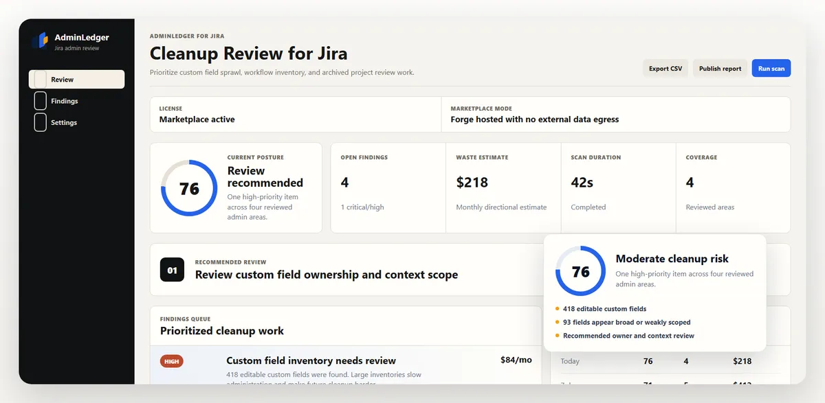 AdminLedger for Jira — screenshot from the Atlassian Marketplace listing
