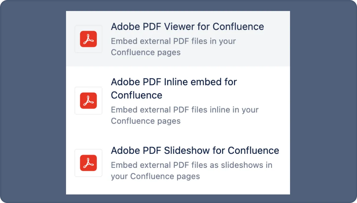 Adobe PDF for Confluence — screenshot from the Atlassian Marketplace listing