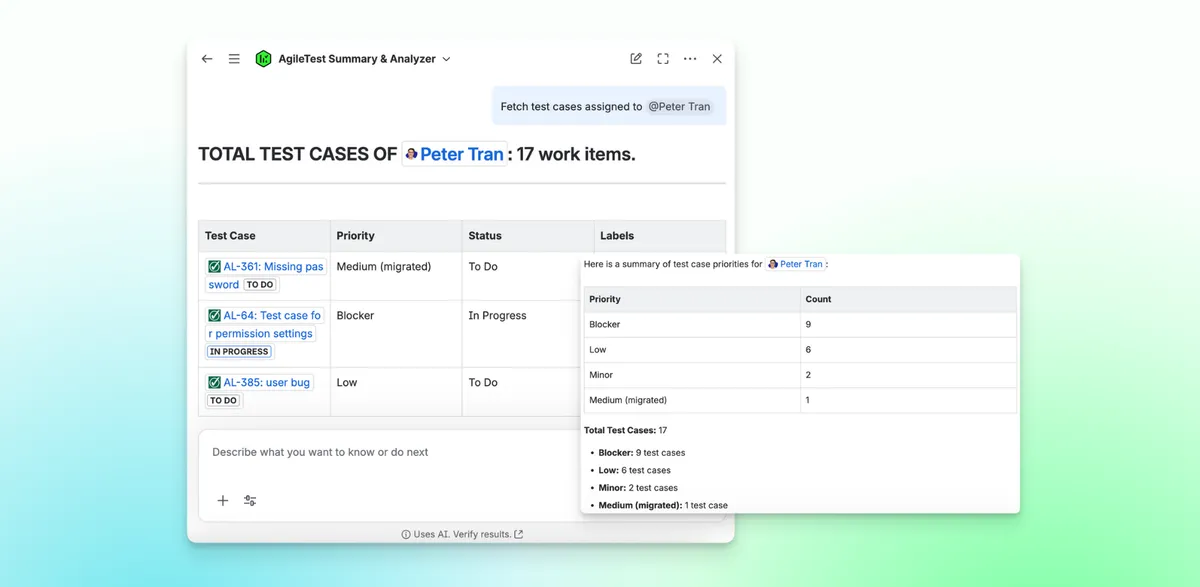 AgileTest AI Agent for Data Summary and Analysis — screenshot from the Atlassian Marketplace listing