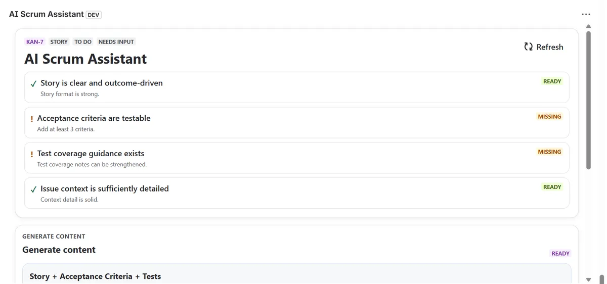 AI Scrum Assistant — screenshot from the Atlassian Marketplace listing
