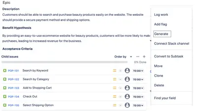 AI Test Case and User Story Issue Auto Generator for Jira for Atlassian — screenshot