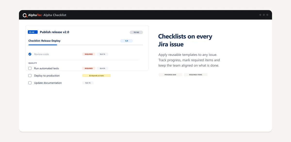 Alpha Checklist — screenshot from the Atlassian Marketplace listing