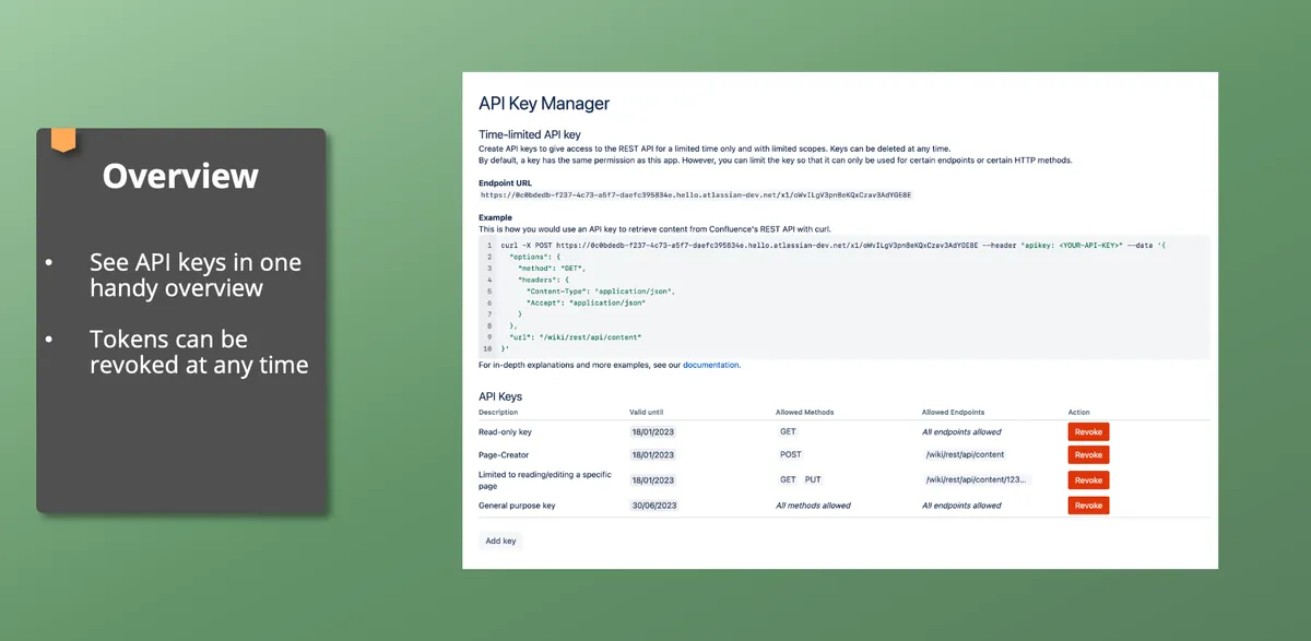 API Key Manager for Confluence — screenshot from the Atlassian Marketplace listing