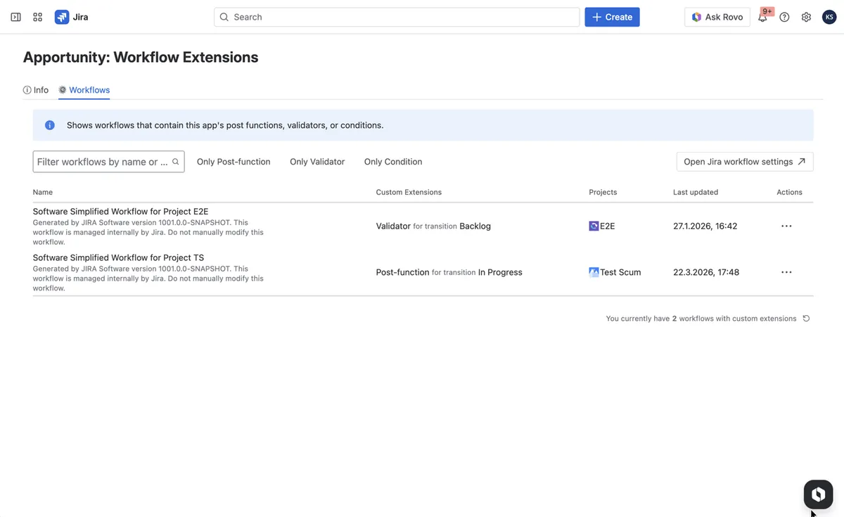 Apportunity: Workflow Extensions — screenshot from the Atlassian Marketplace listing