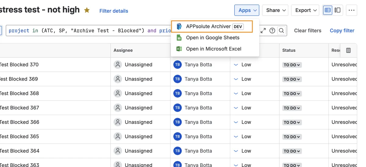 APPsolute Archiver — screenshot from the Atlassian Marketplace listing