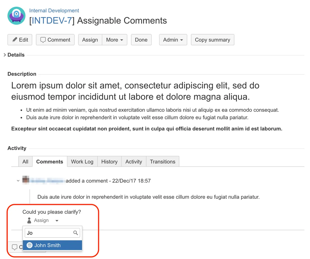 Assignable Comments — screenshot from the Atlassian Marketplace listing