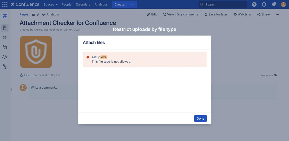 Attachment Checker for Confluence — screenshot from the Atlassian Marketplace listing