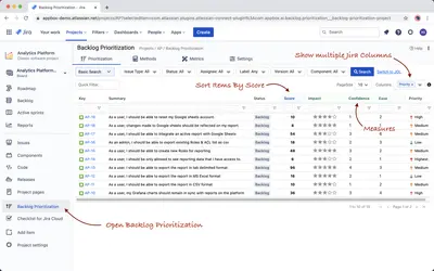 Backlog Prioritization for Jira (Free) for Atlassian — screenshot