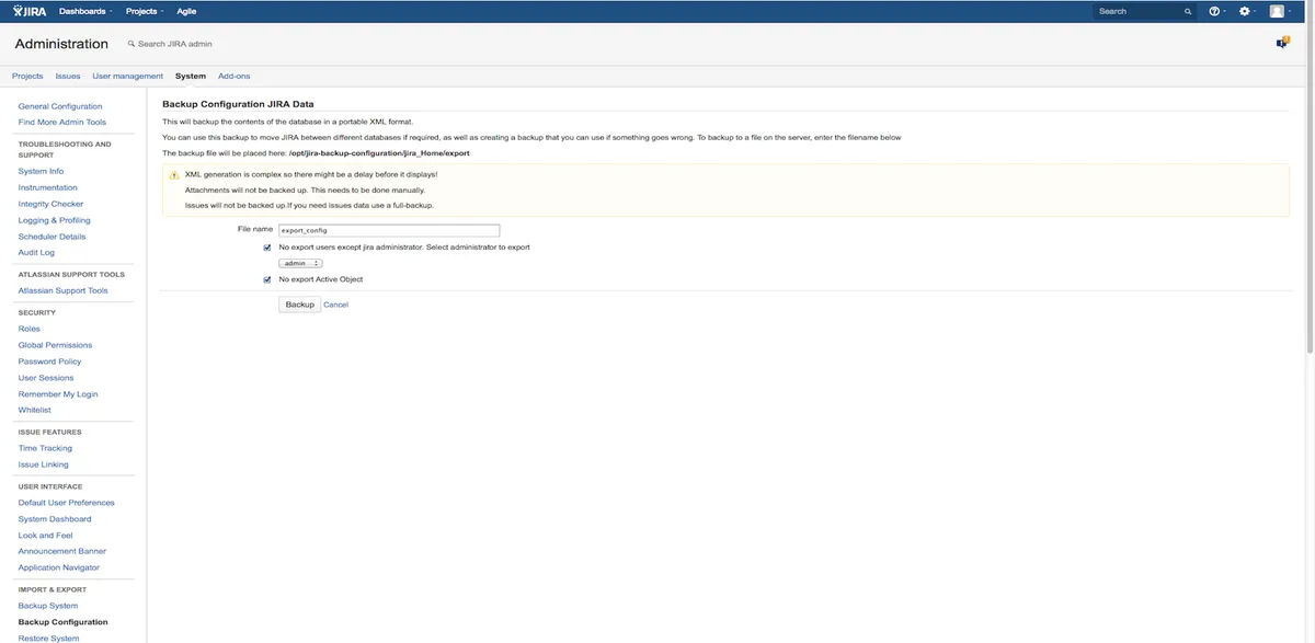Backup Configuration — screenshot from the Atlassian Marketplace listing