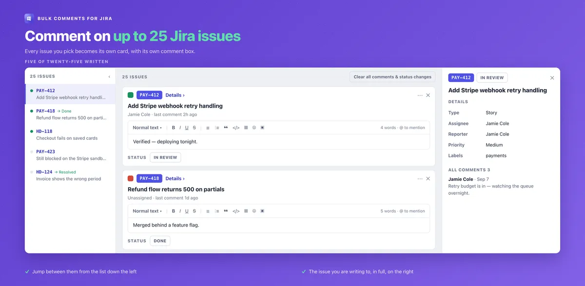 Bulk Comments for Jira — screenshot from the Atlassian Marketplace listing