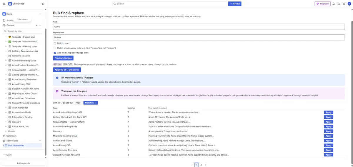 Bulk Operations for Confluence — screenshot from the Atlassian Marketplace listing