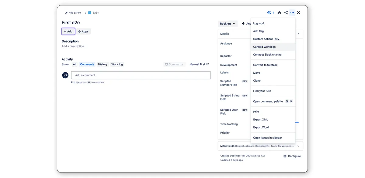 Canned Worklogs — screenshot from the Atlassian Marketplace listing