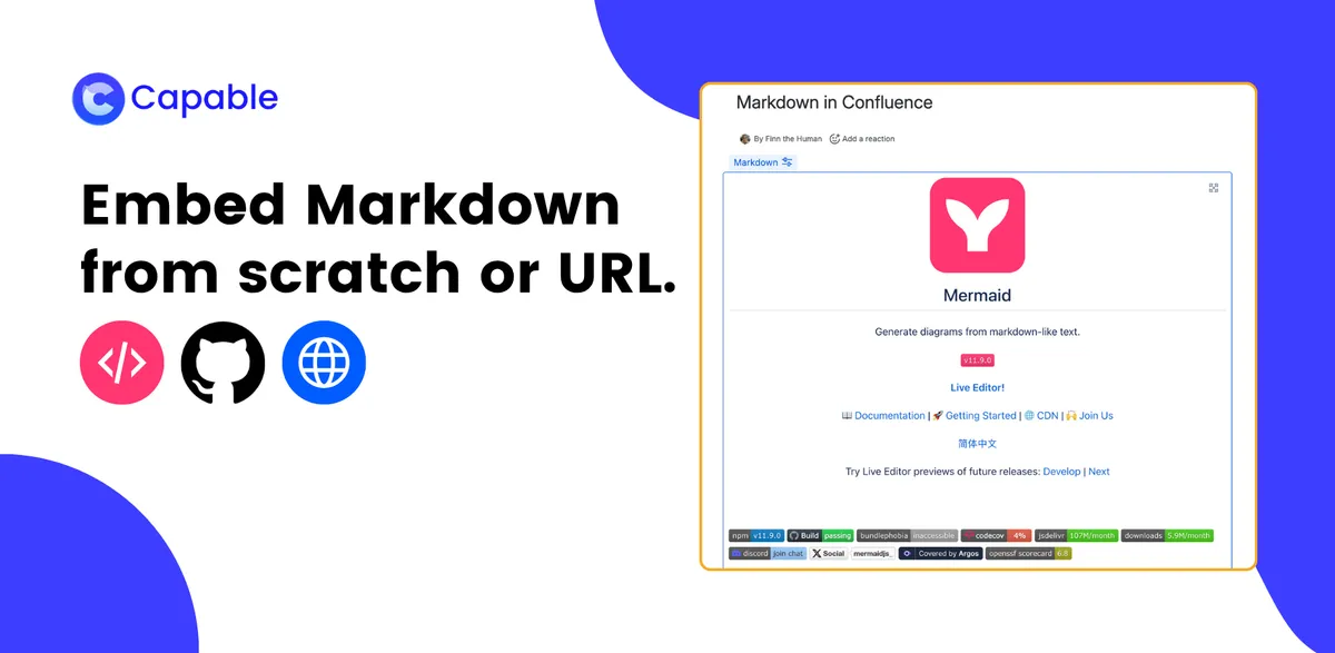 Capable Markdown for Confluence (Technical Documentation) — screenshot from the Atlassian Marketplace listing