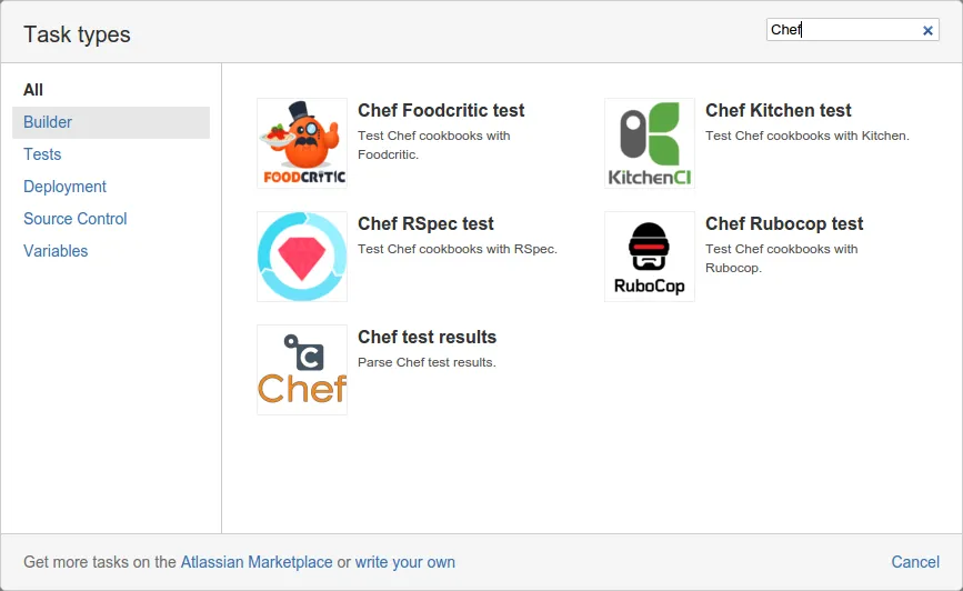 Chef cookbook tests — screenshot from the Atlassian Marketplace listing