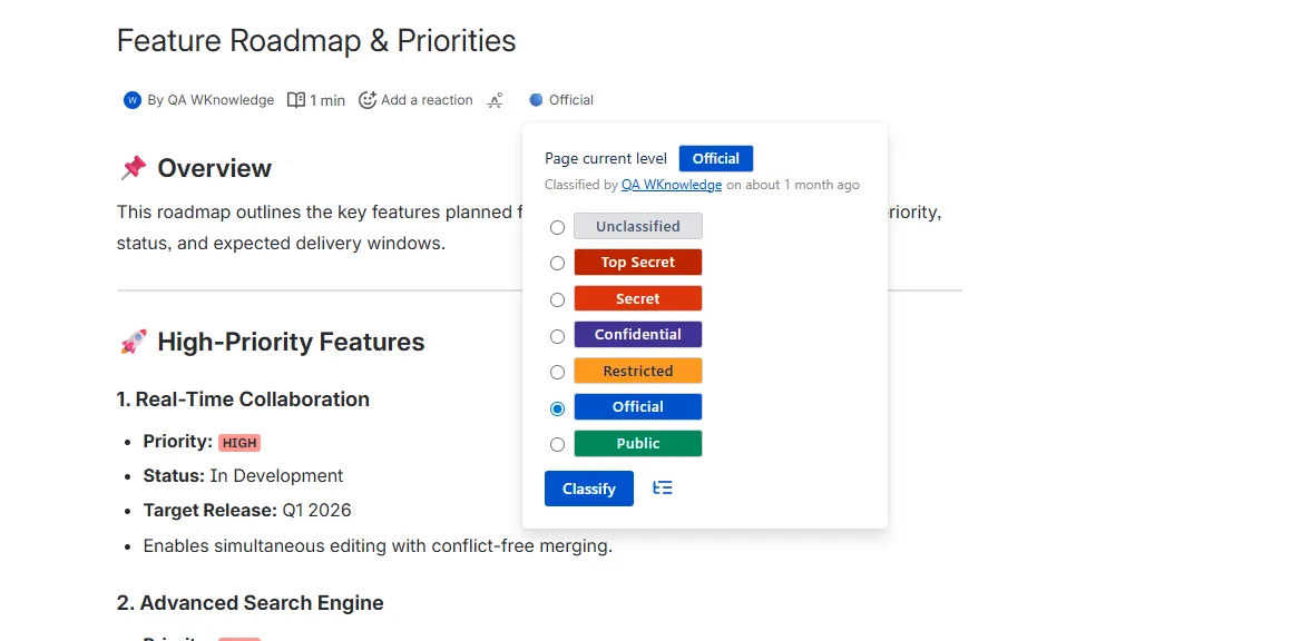 Classification levels — screenshot from the Atlassian Marketplace listing
