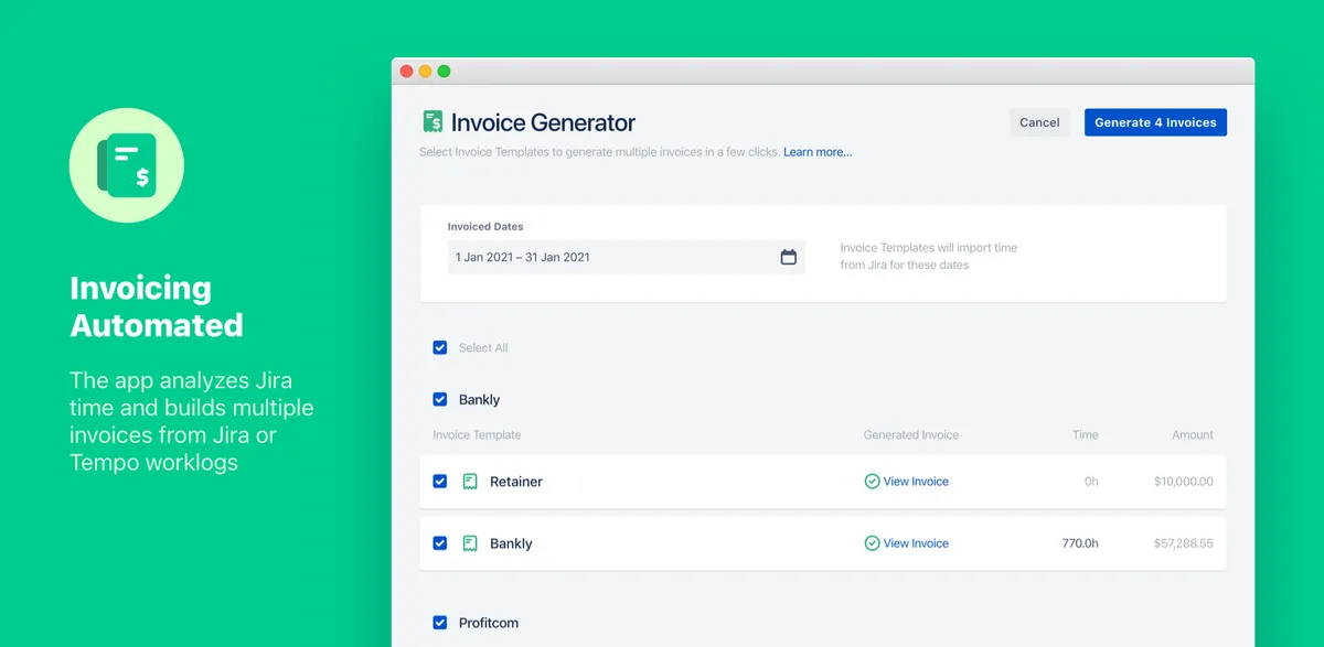 Clerk Invoices - Billing, Invoicing & Time Reports for Jira — screenshot from the Atlassian Marketplace listing