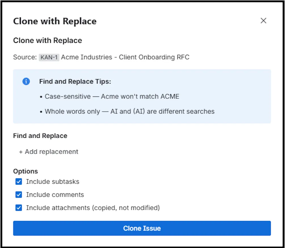 Clone and Replace — screenshot from the Atlassian Marketplace listing