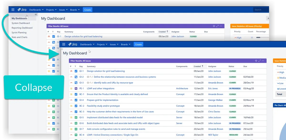 Collapsible Dashboard Sidebar — screenshot from the Atlassian Marketplace listing