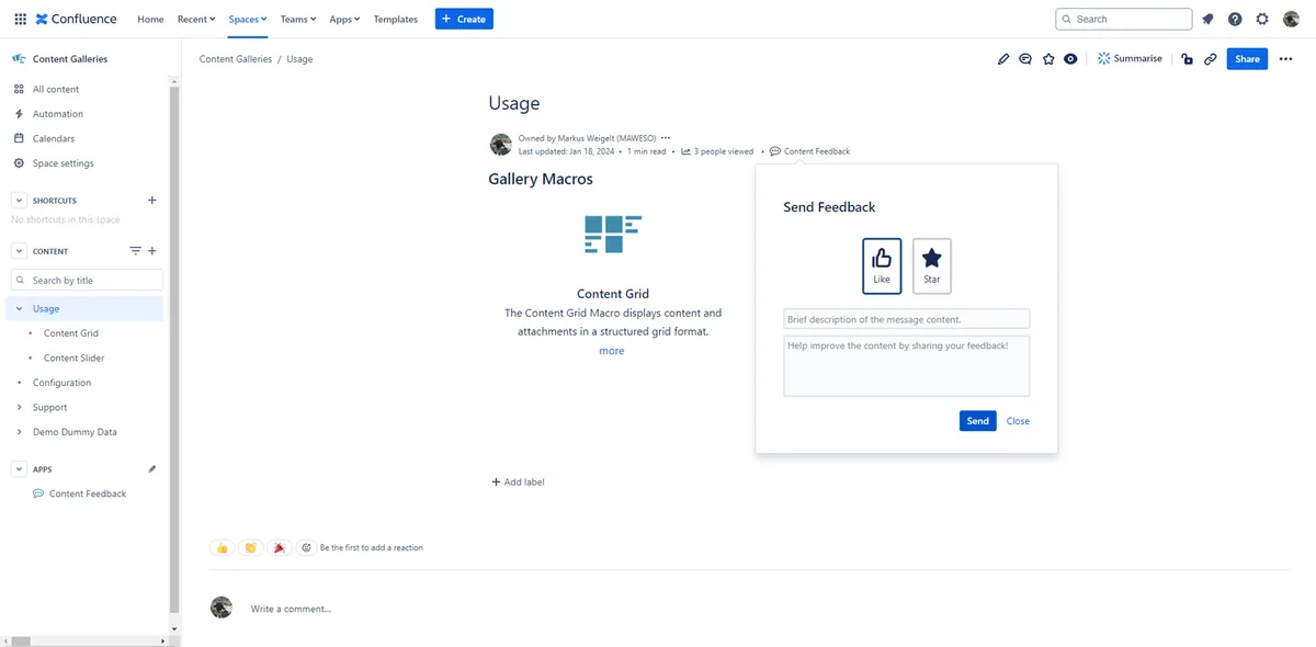 Content Feedback — screenshot from the Atlassian Marketplace listing
