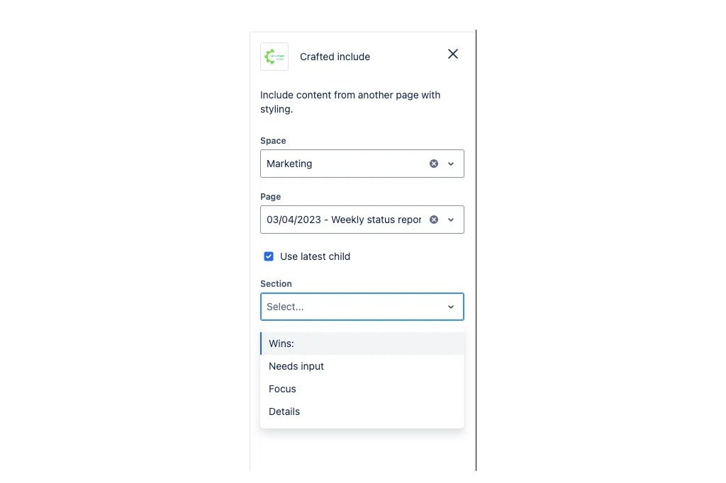 Crafted Includes for Confluence — screenshot from the Atlassian Marketplace listing
