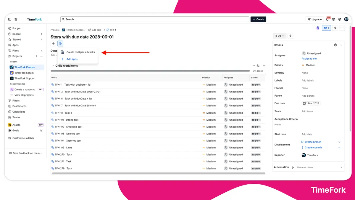 Create multiple subtasks for Jira — screenshot from the Atlassian Marketplace listing