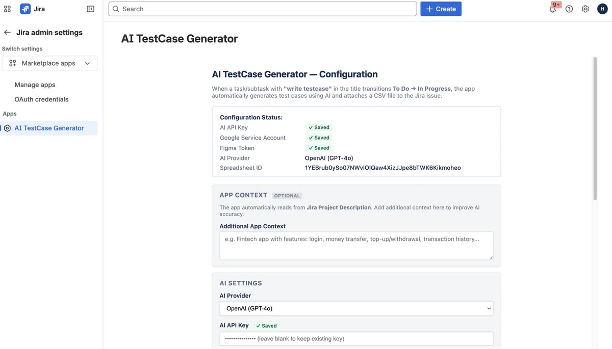 Create Test Cases With AI — screenshot from the Atlassian Marketplace listing