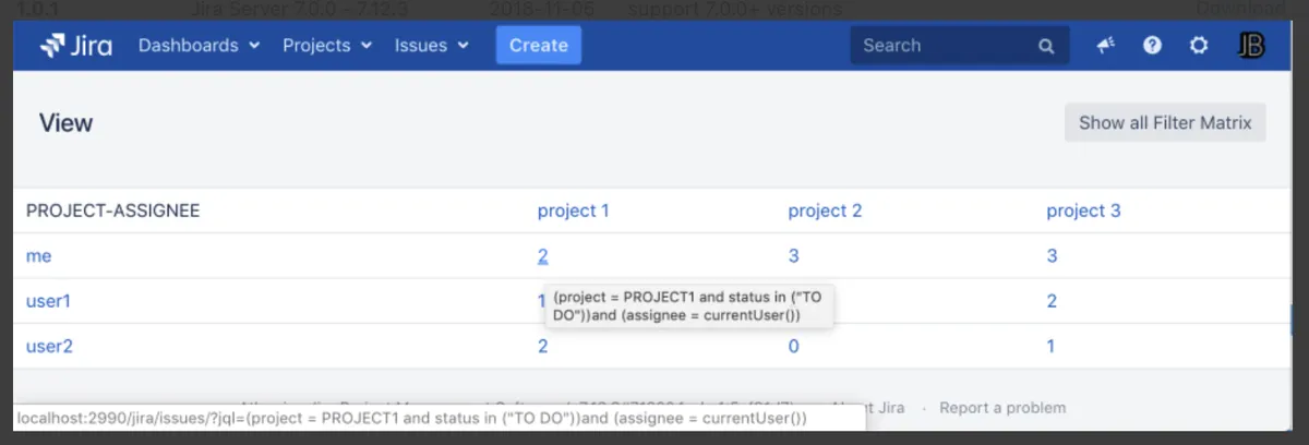 Cross filters matrix — screenshot from the Atlassian Marketplace listing