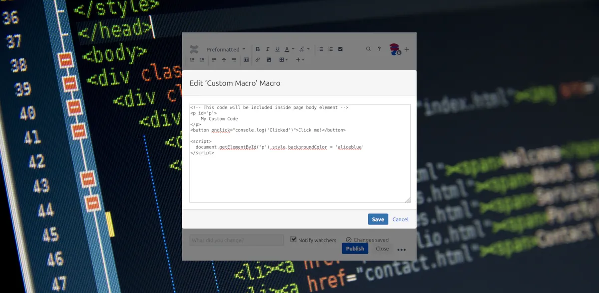 Custom HTML, CSS & JavaScript Macro — screenshot from the Atlassian Marketplace listing