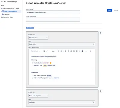 Default Values for 'Create Issue' screen - Issue Templates for Atlassian — screenshot