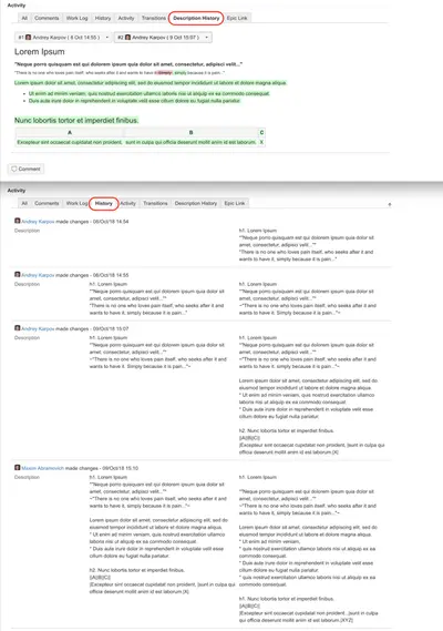Description History Tab for Jira for Atlassian — screenshot