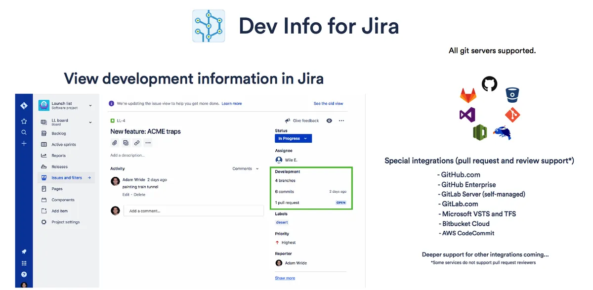 Dev Info for Jira — screenshot from the Atlassian Marketplace listing
