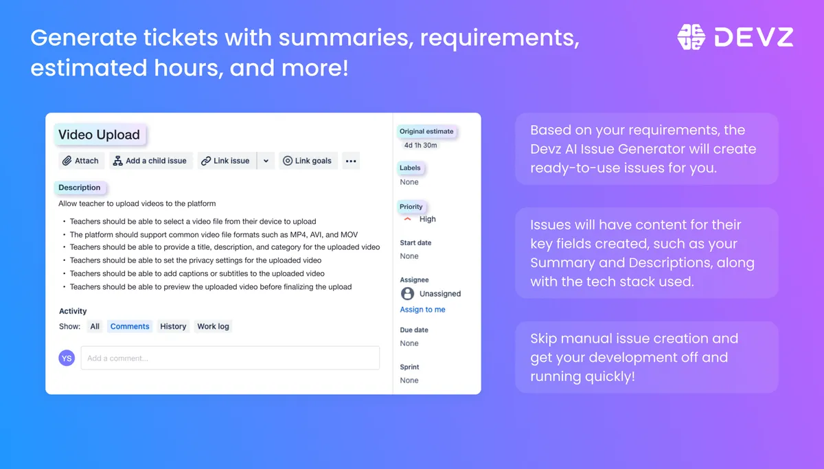 Devz AI Project Plan Generator — screenshot from the Atlassian Marketplace listing