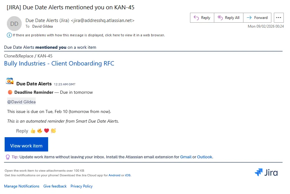Due Date Alerts — screenshot from the Atlassian Marketplace listing