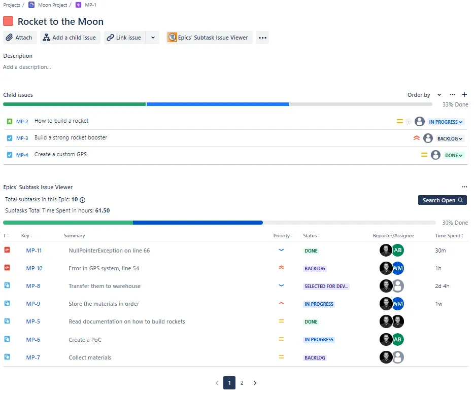 Epic Subtask Issue Viewer — screenshot from the Atlassian Marketplace listing