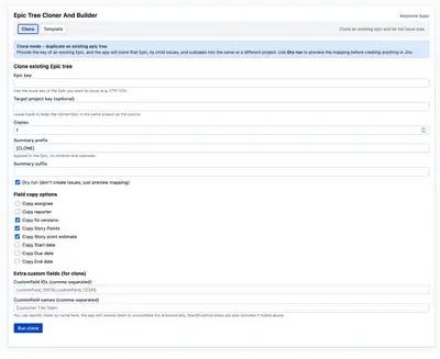 Epic Tree Cloner And Builder for Atlassian — screenshot