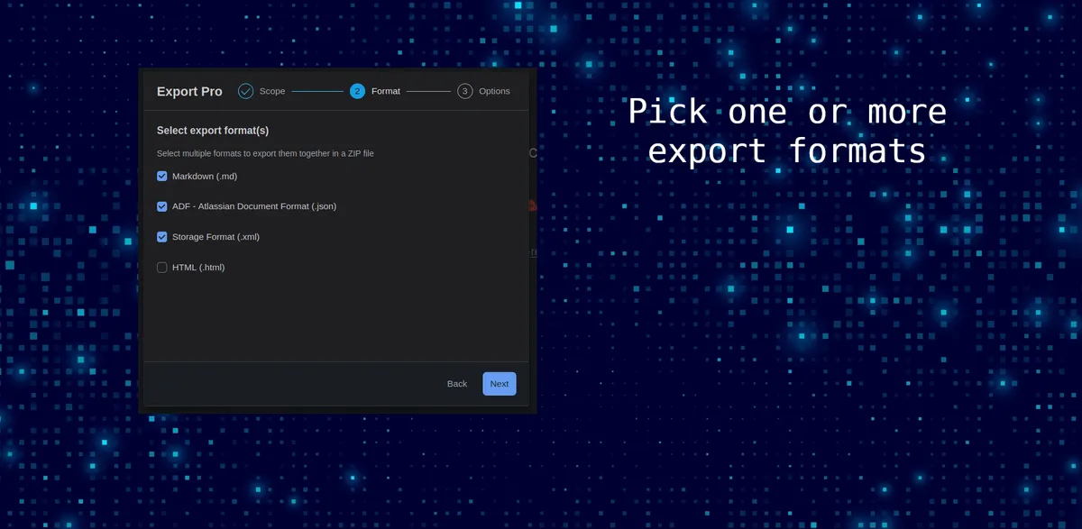 Export Pro for Confluence (Markdown, JSON, XML, HTML) — screenshot from the Atlassian Marketplace listing