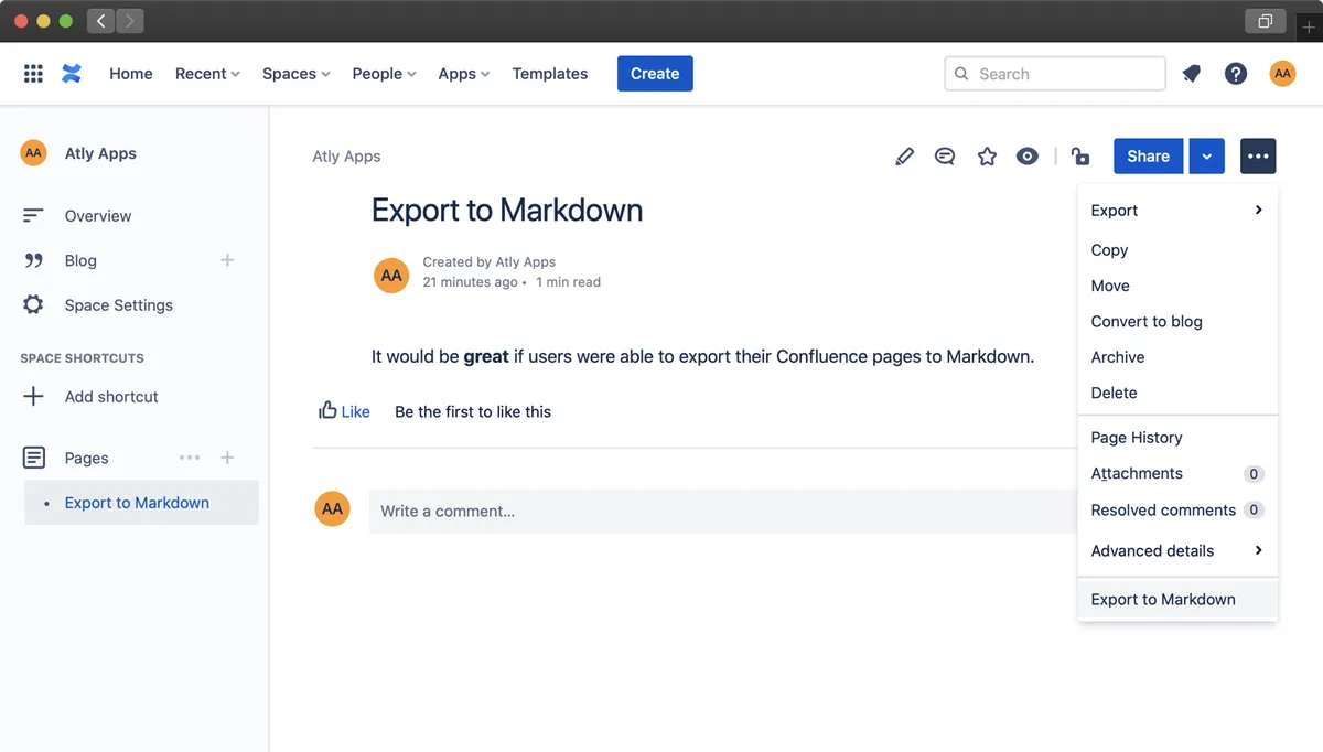 Export to Markdown for Confluence Cloud — screenshot from the Atlassian Marketplace listing