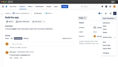 Export to Markdown for Jira Cloud for Atlassian — screenshot