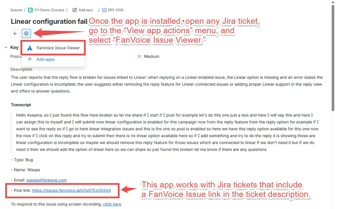 FanVoice Issue Viewer — screenshot from the Atlassian Marketplace listing