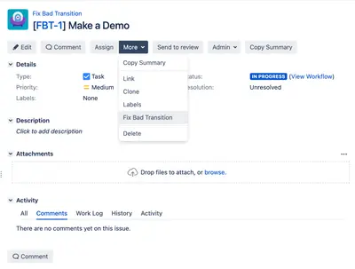 Fix Bad Transition for JIRA issue for Atlassian — screenshot
