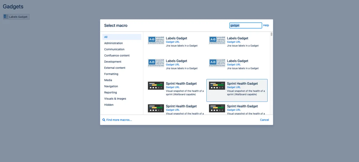 Gadgets for Confluence — screenshot from the Atlassian Marketplace listing