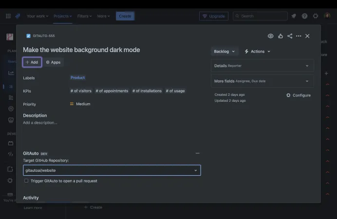 GitAuto for Jira — screenshot from the Atlassian Marketplace listing