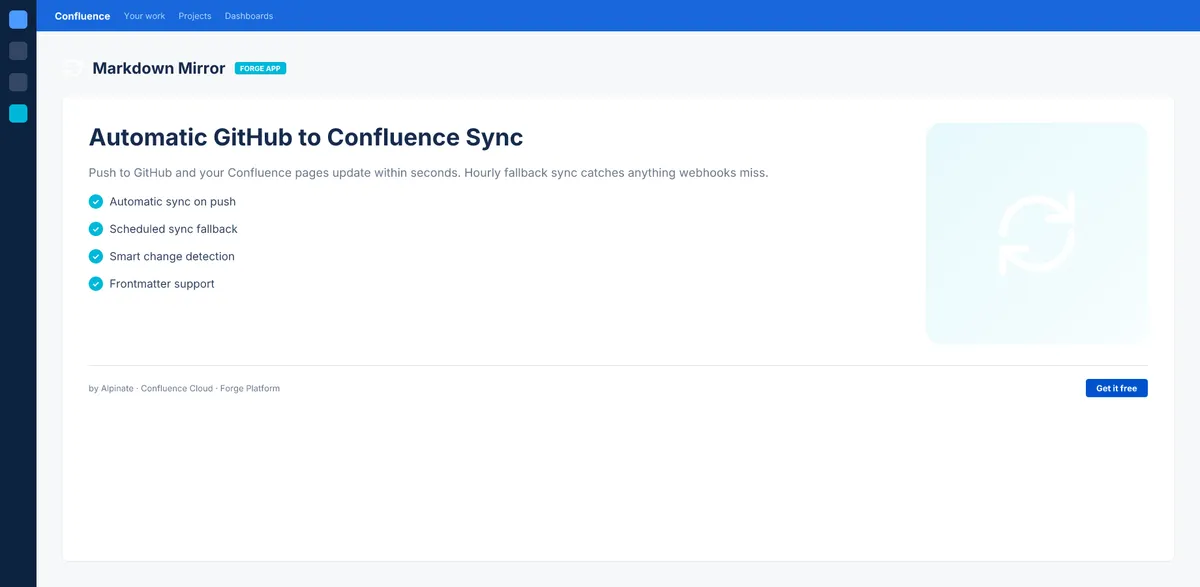 GitHub Markdown Sync for Confluence — screenshot from the Atlassian Marketplace listing