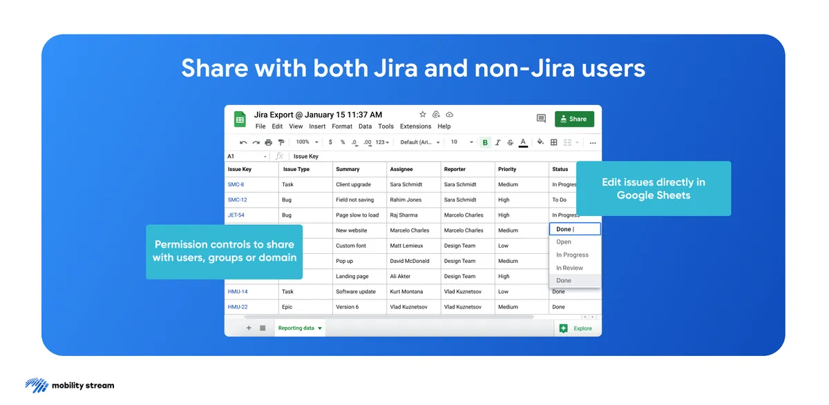 Google Sheets Integration — screenshot from the Atlassian Marketplace listing