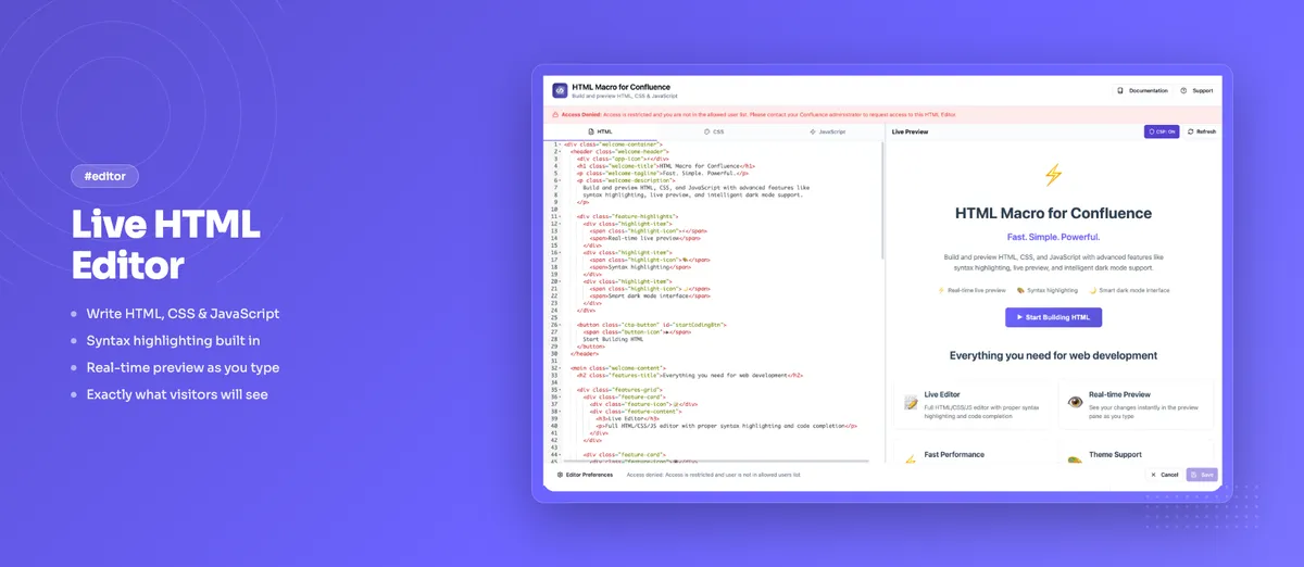 HTML Macro by Yamuno — screenshot from the Atlassian Marketplace listing