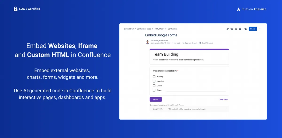 HTML Macro for Confluence — screenshot from the Atlassian Marketplace listing