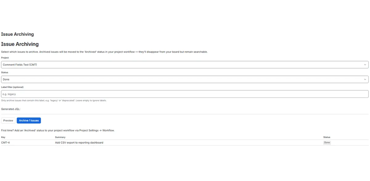Issue Archiving — screenshot from the Atlassian Marketplace listing
