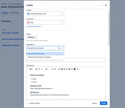 Issue Templates Picker - Summary, Description and more for Atlassian — screenshot