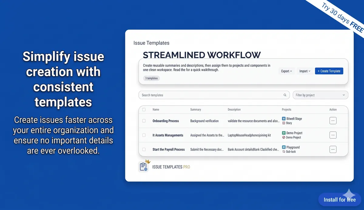 Issue Templates — screenshot from the Atlassian Marketplace listing